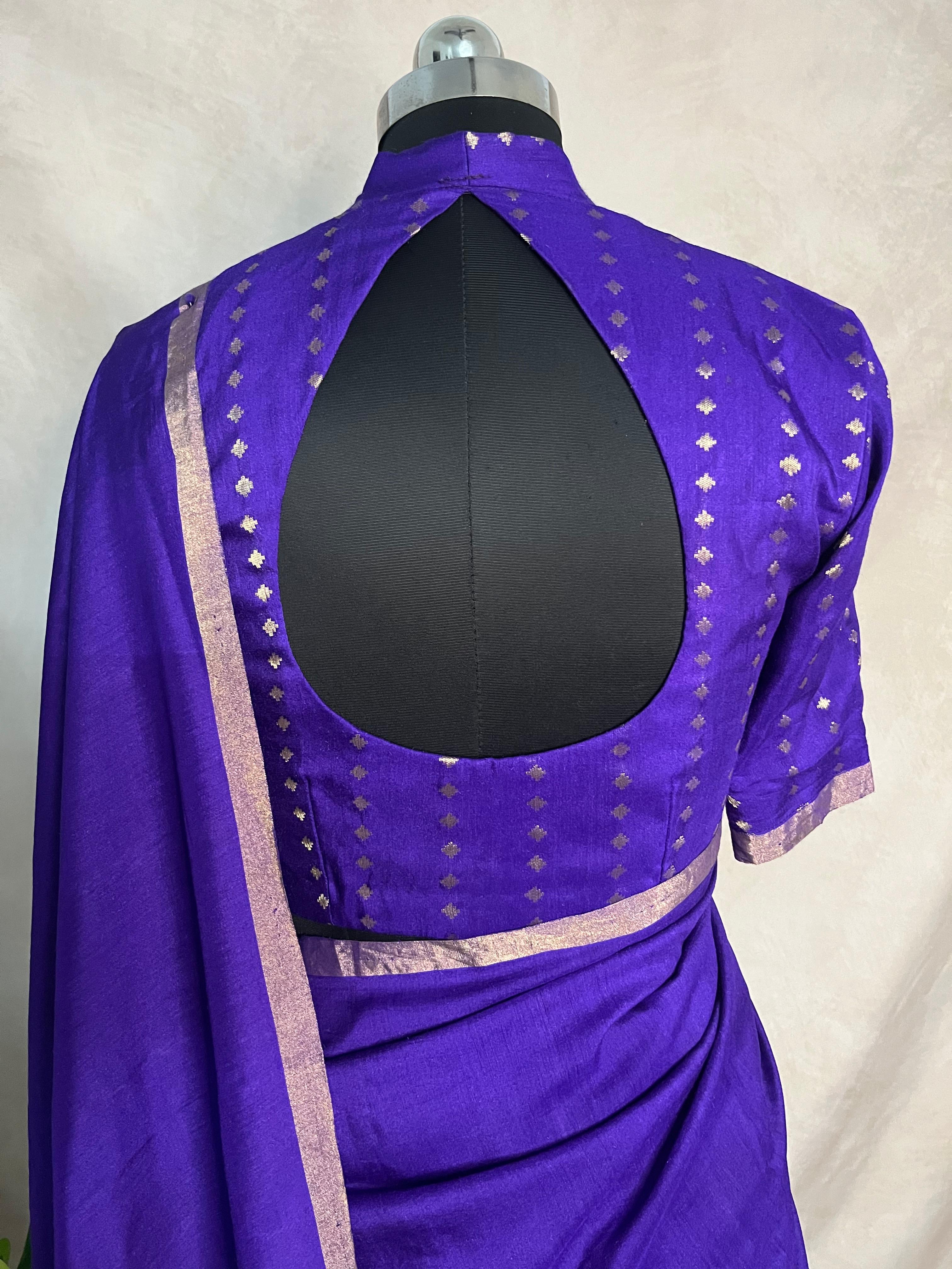 Purple munga tussar silk saree with designer pallu and stitched blouse