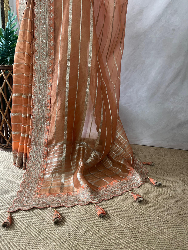 Orange Tissue oraganza saree with designer blouse