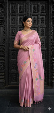 Light pink tussar brocade saree with meenakari weave, stitched blluse
