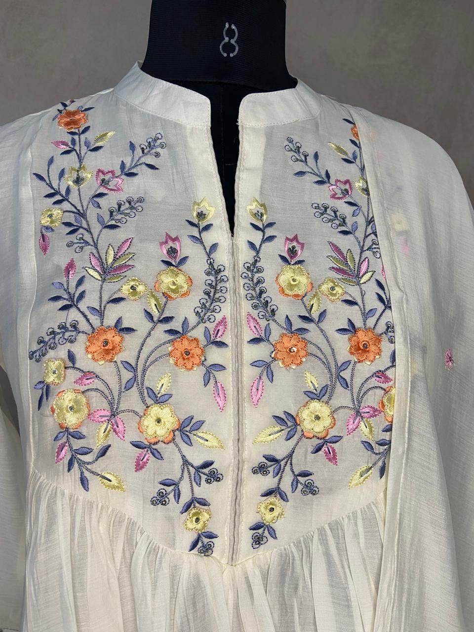 Off white chanderi silk Kurti with bottom and dupatta