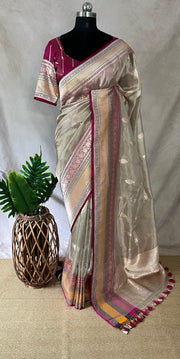 Cora tissue silk saree with multi color banarsi Border, with stitched blouse