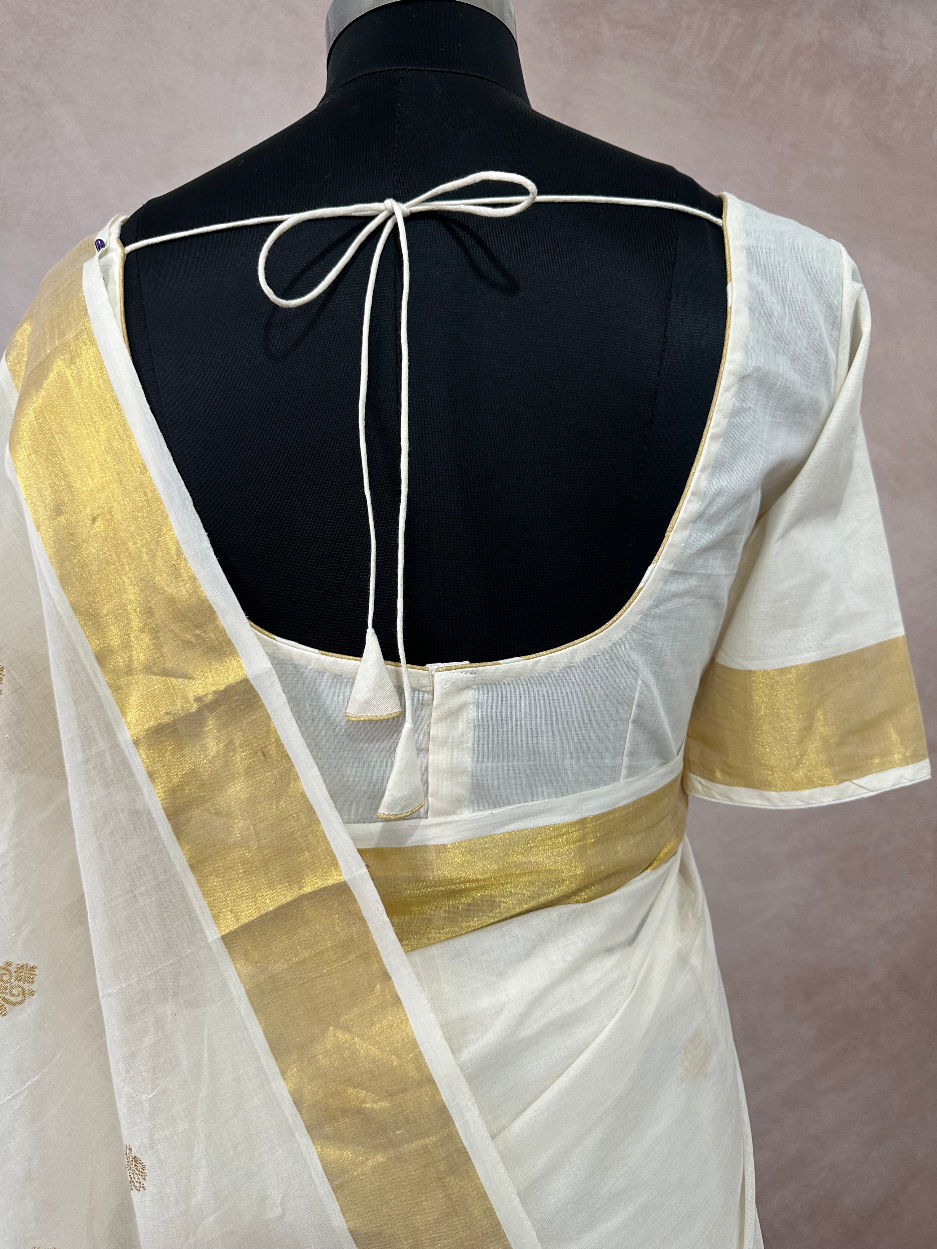 Handloom kerala kasavu saree with stitched blouse