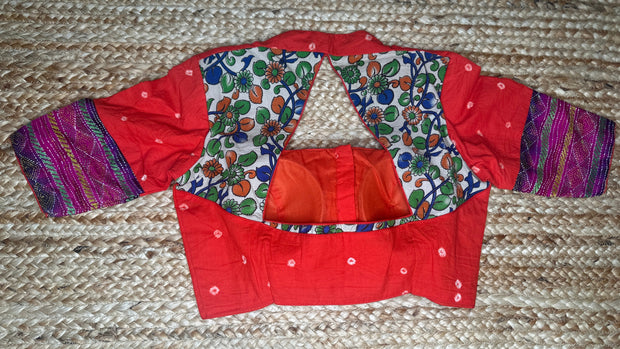 Orange blouse with kalamkari and kanta patch work