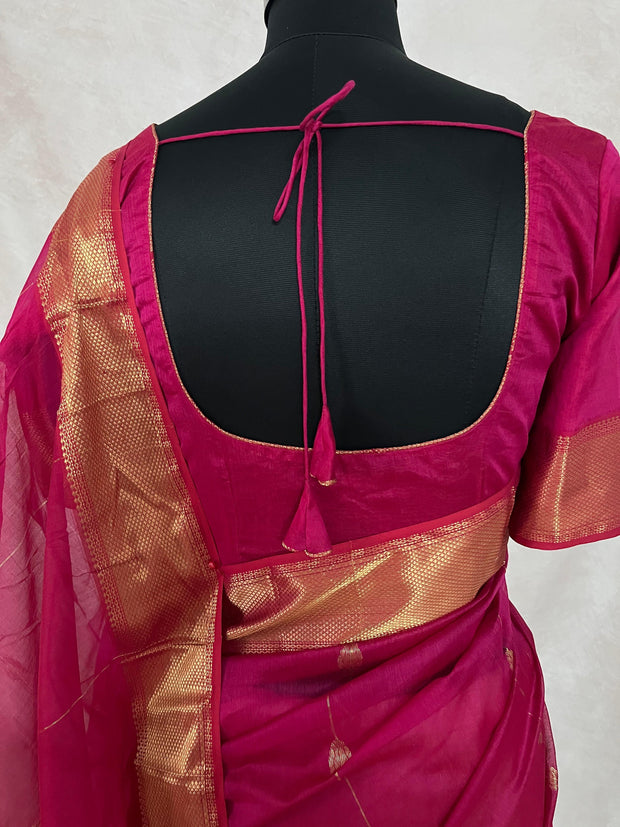 Pure Pink Maheshwari silk saree with stitched blouse