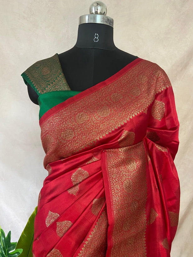 Red Pure tussar banarsi silk saree, with BP