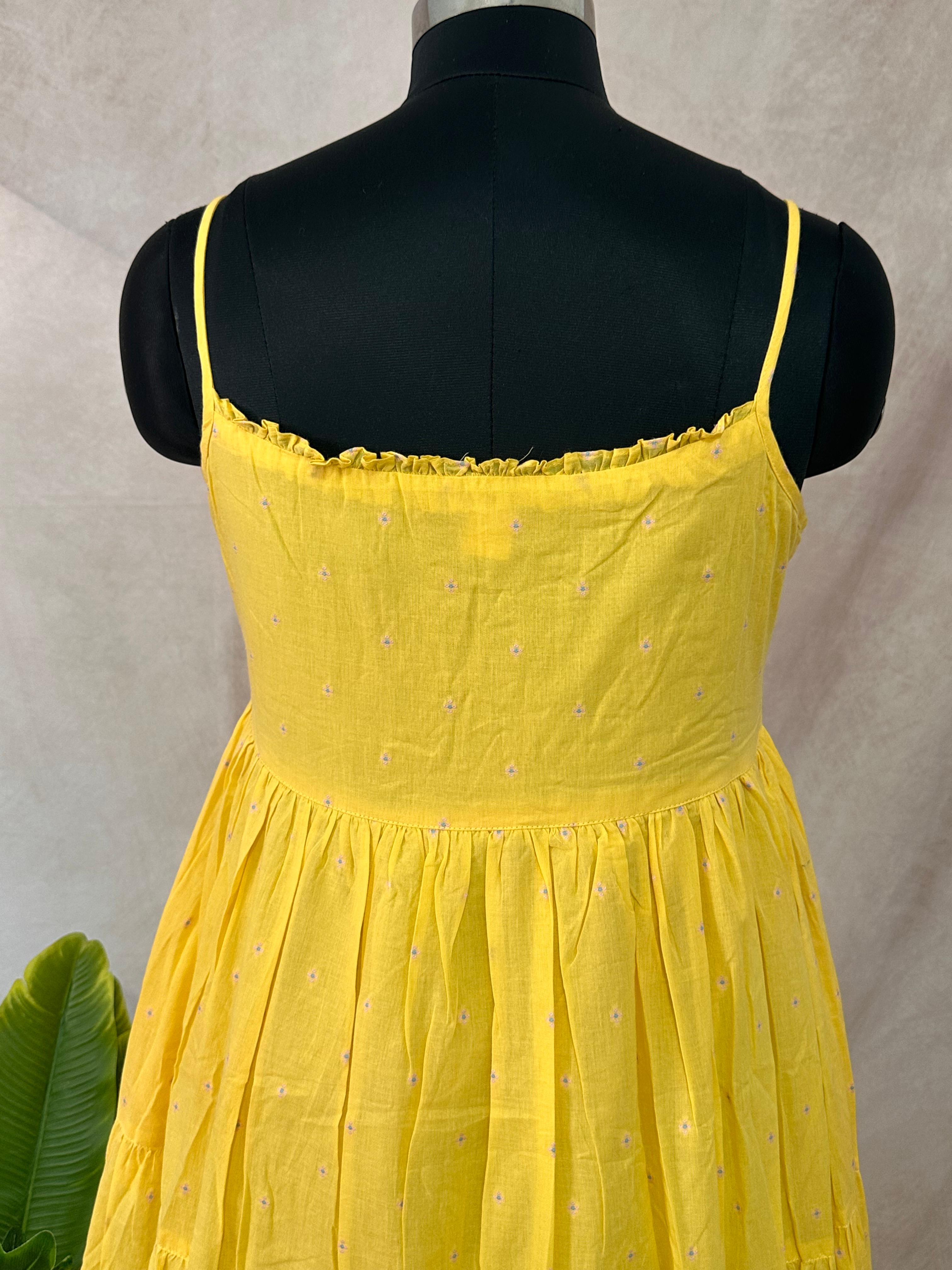 Yellow pure cotton dress with hand emroidery