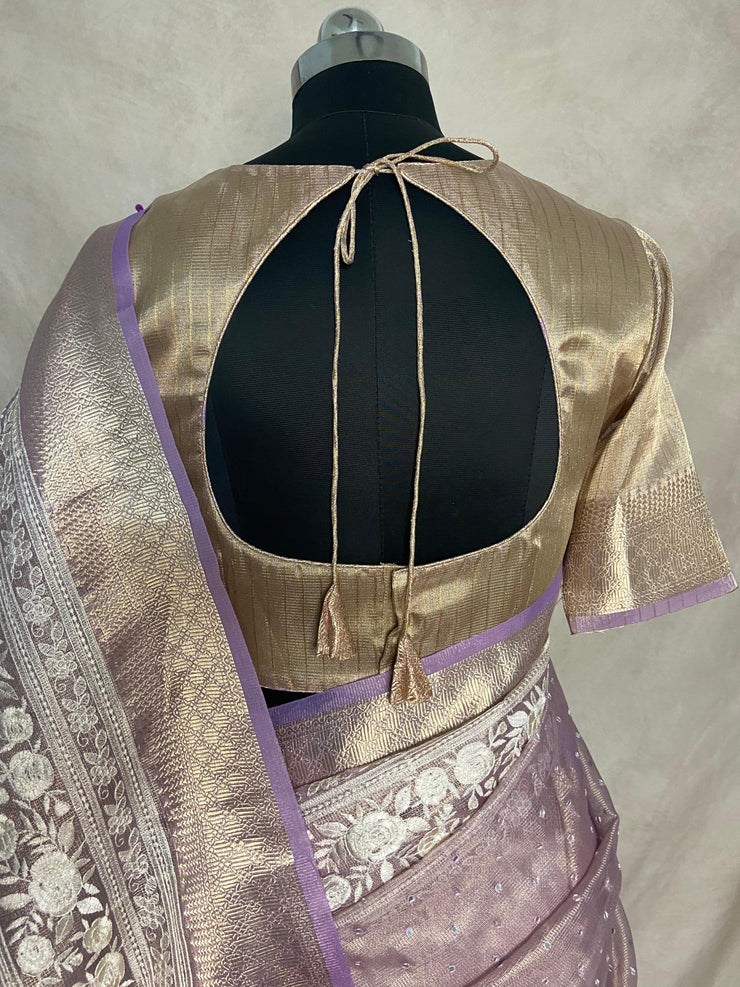 Lilac Tissue Kotta silk saree with mirror and chikankari work, with stitched blouse