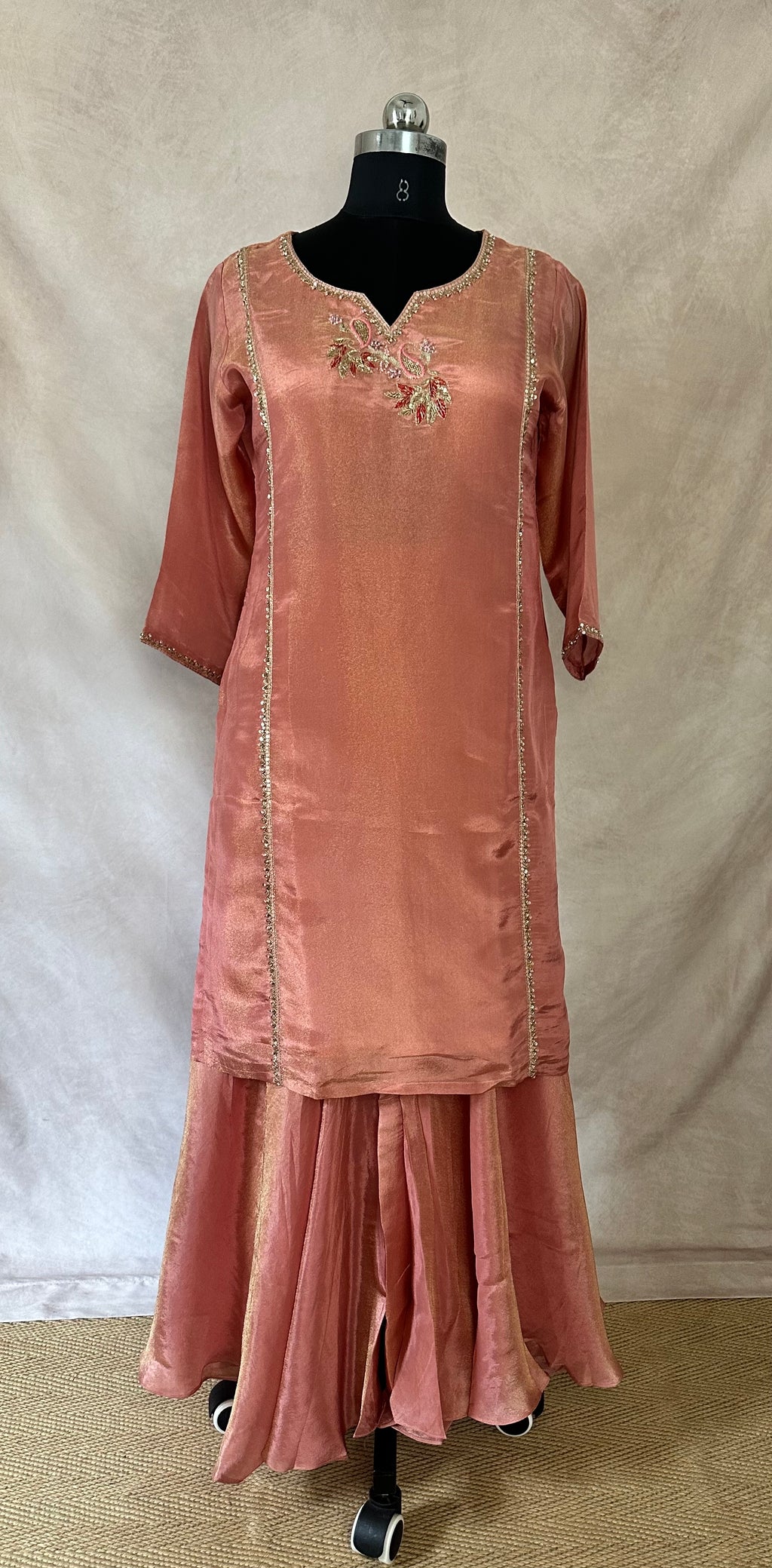 Rose gold tissue silk short kuti with hand emroidery and flared palazzo and dupatta