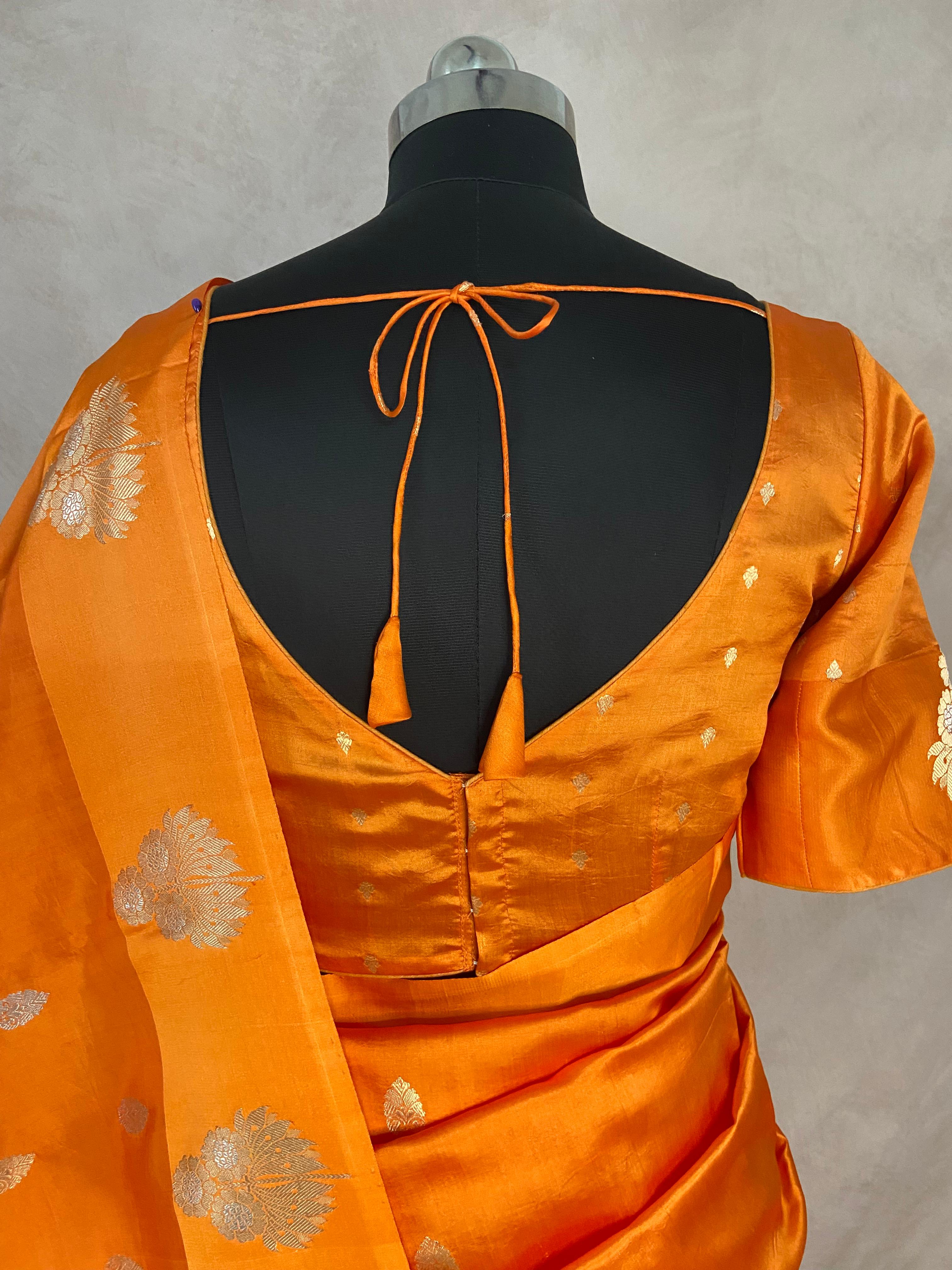 Orange pure raw mango silk saree with stitched blouse
