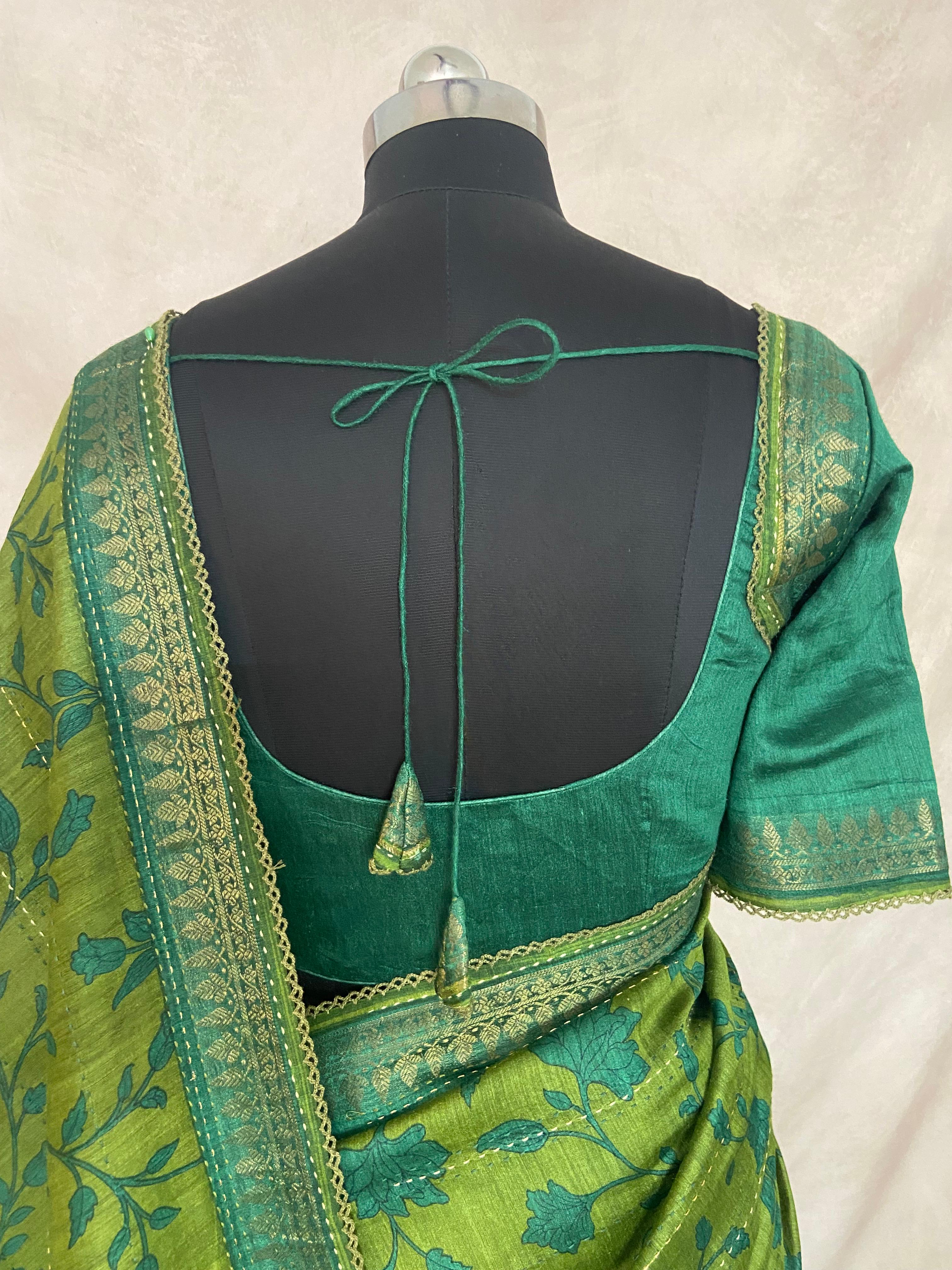 Printed blended tussar silk saree with kanta work and stitched blouse