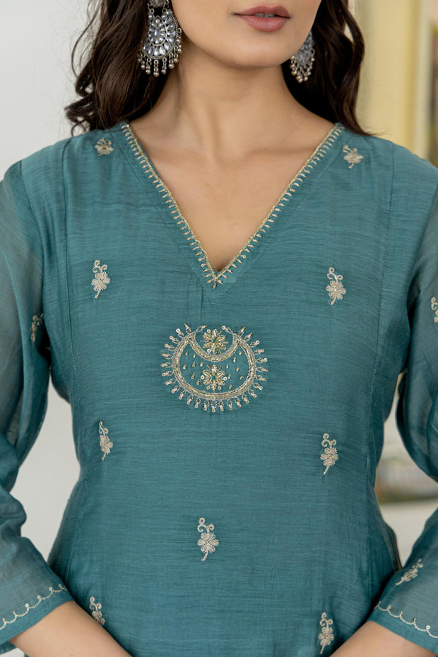 Pastel blue Chanderi silk kurti set with hand emroidery