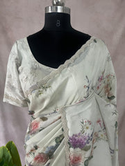 Tissue crepe silk saree with sequins border, stitched blouse