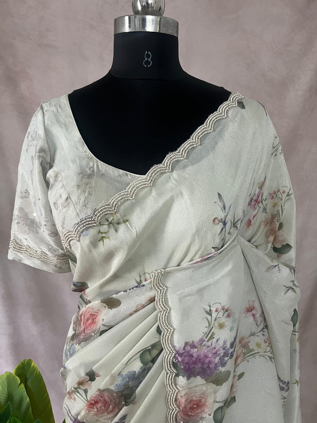 Tissue crepe silk saree with sequins border, stitched blouse
