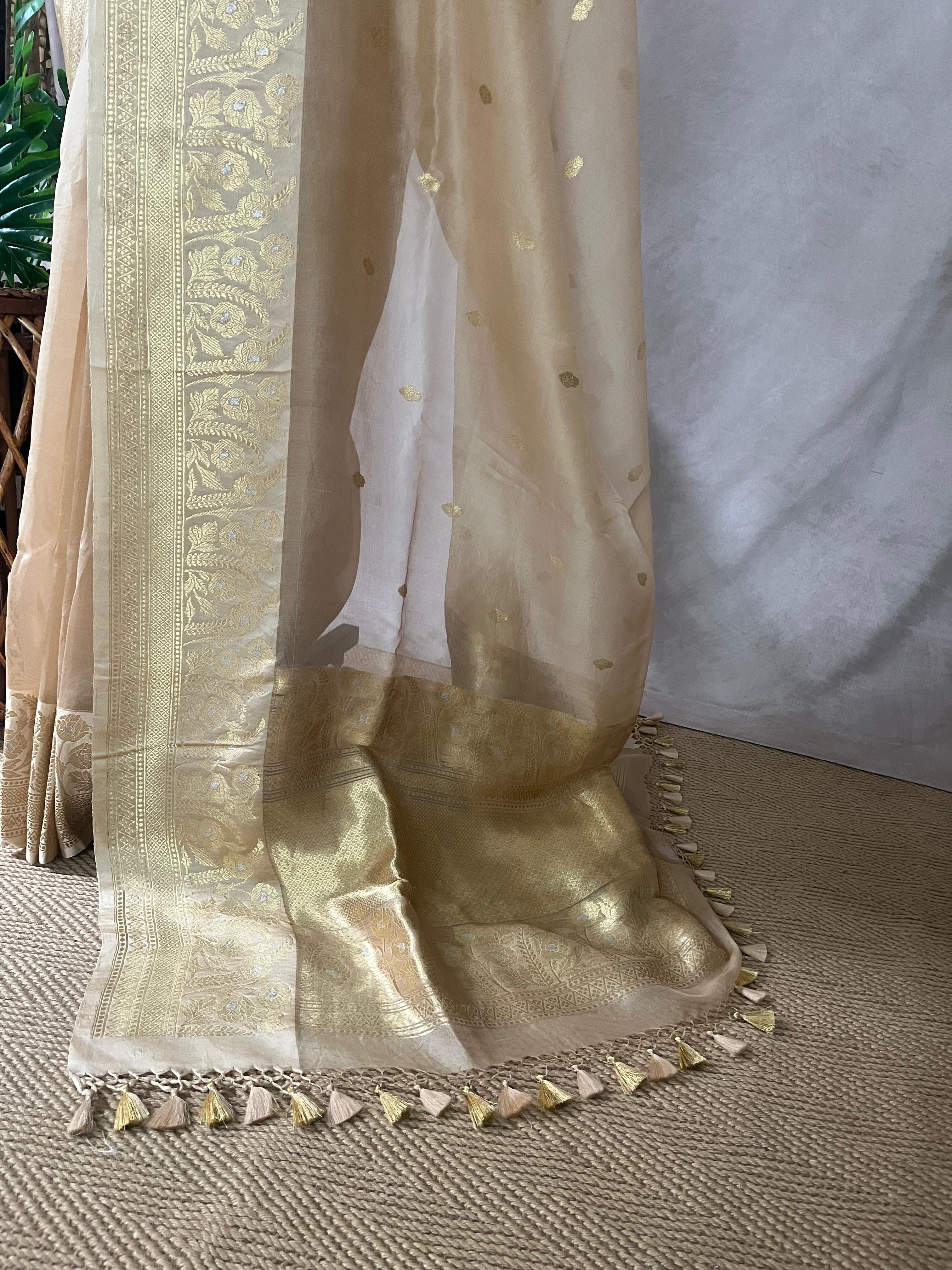 Sandal color pure organza silk saree with katan border and stitched blouse