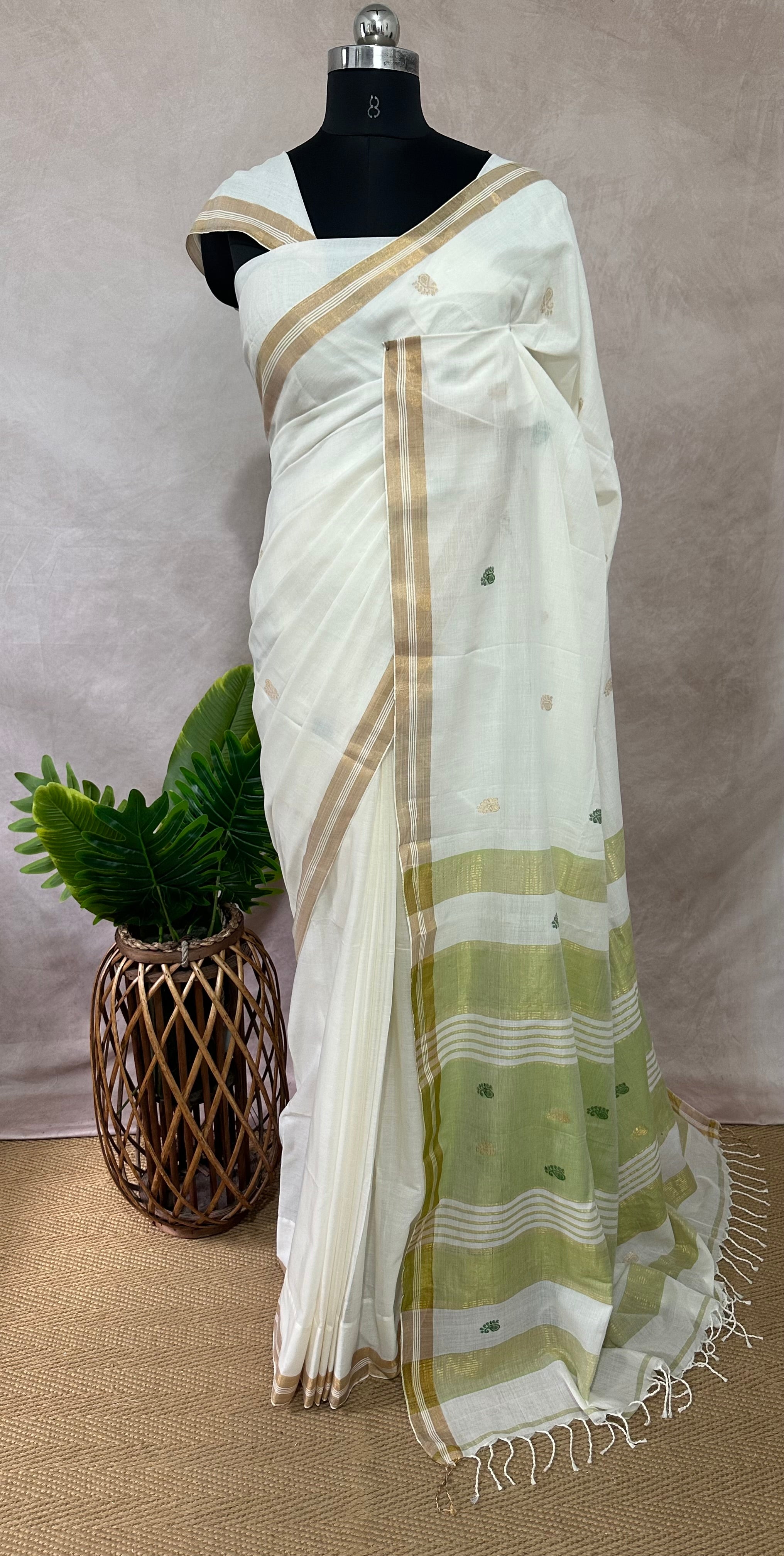 Green and gold pure cotton handloom saree with jamdanni weave