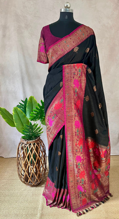 Pure Dupion silk Black saree with muniya border and stitched blouse