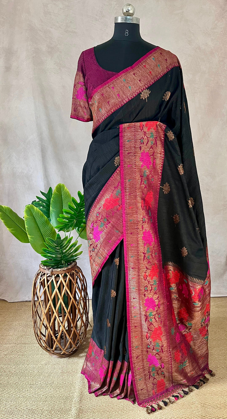 Pure Dupion silk Black saree with muniya border and stitched blouse