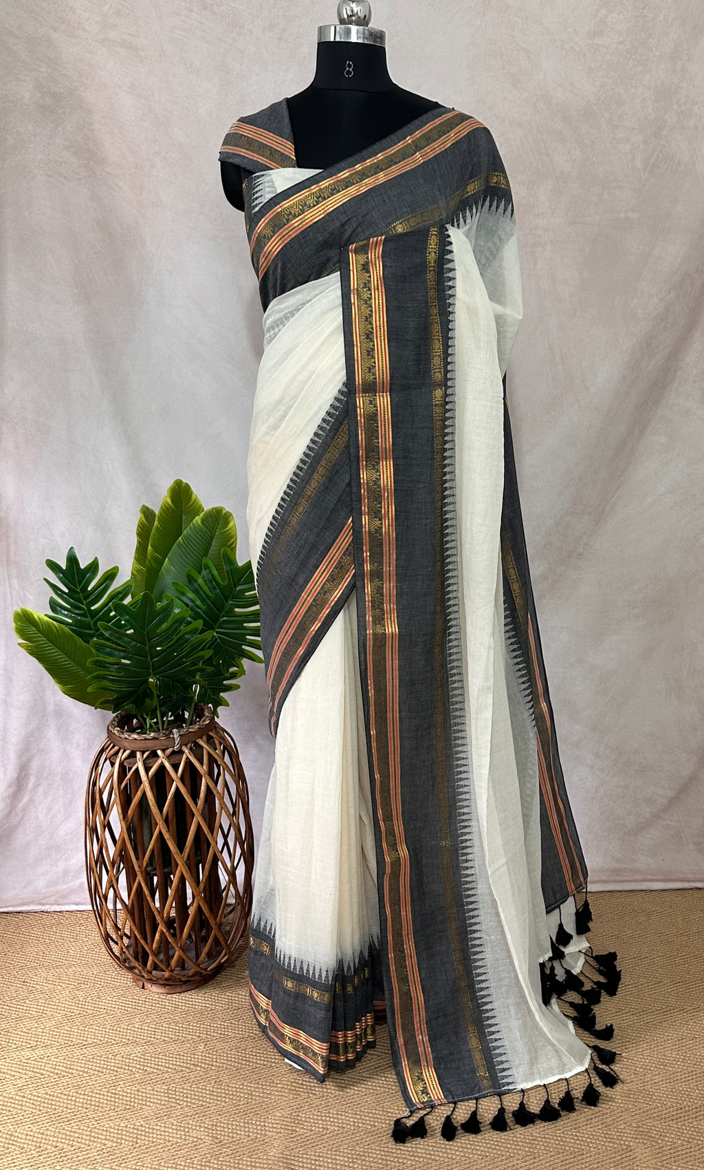 Black temple border 120 count mulcotton saree