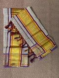 Purple and orange border tissue set mundu with gold stripes