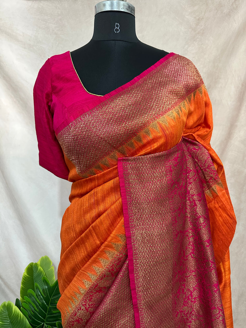 Pure raw silk saree with banarsi border saree with stitched blouse