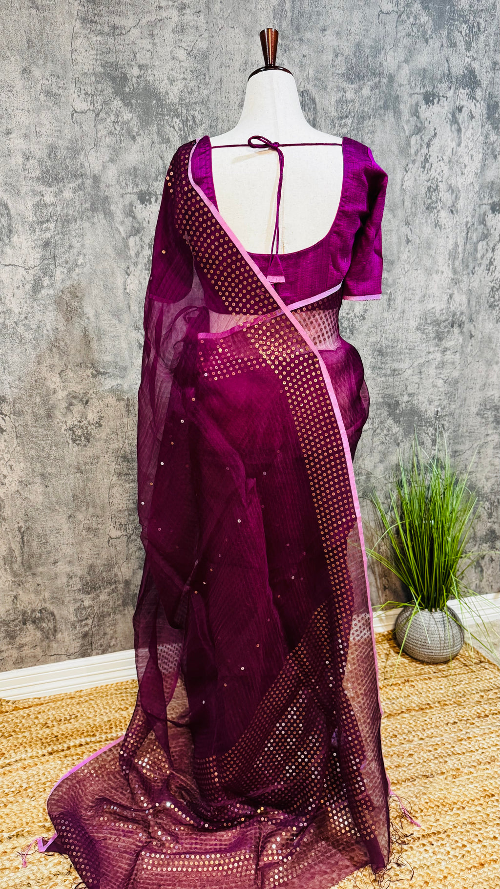 Muslin pure silk saree with sequins weave and stitched blouseSilk mark certified