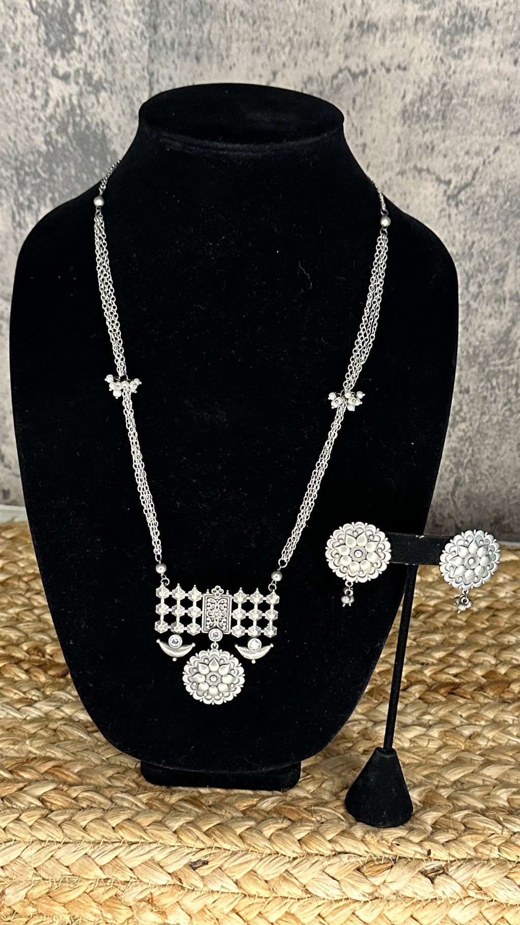 Silver replica necklace and earring - with white stone