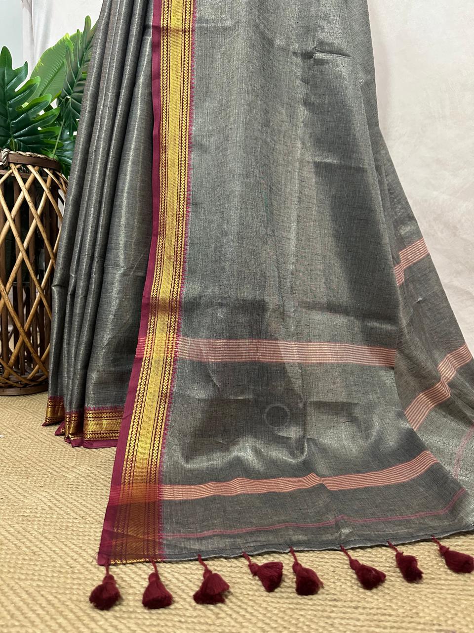 Handloom tissue cotton saree with stitched blouse