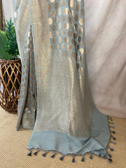 Grey Pure tussar silk saree eith stitched blouse