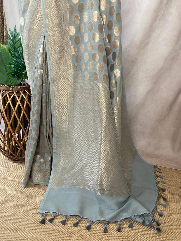 Grey Pure tussar silk saree eith stitched blouse