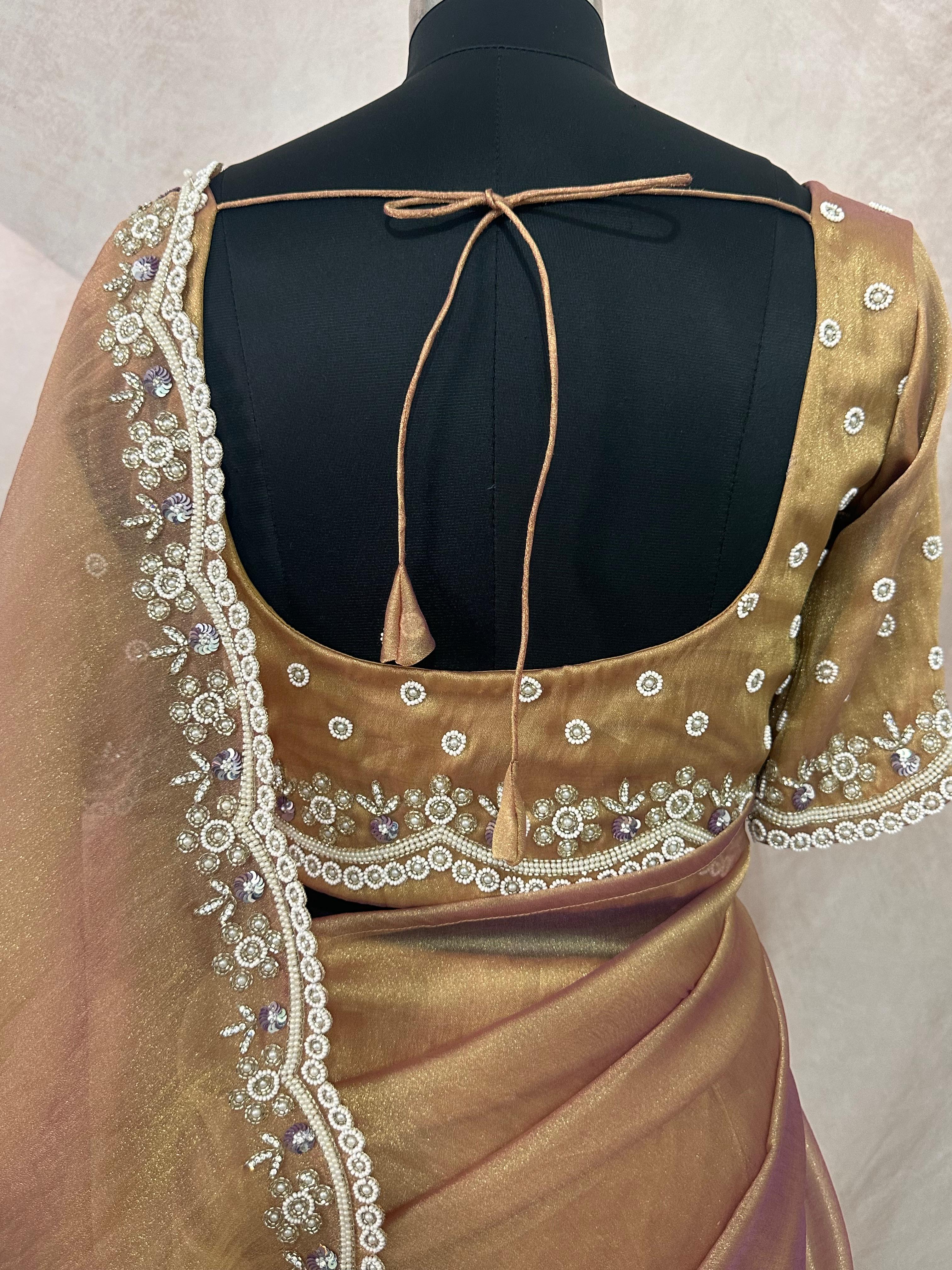 tissue designer saree with stitched blouse and under skirt