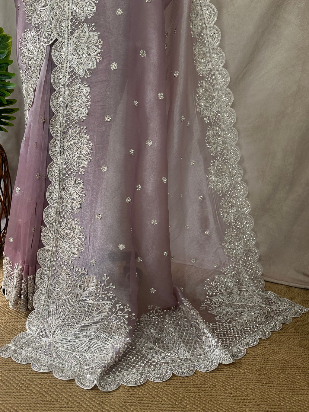 Lilac designer saree with stitched blouse and under skirt