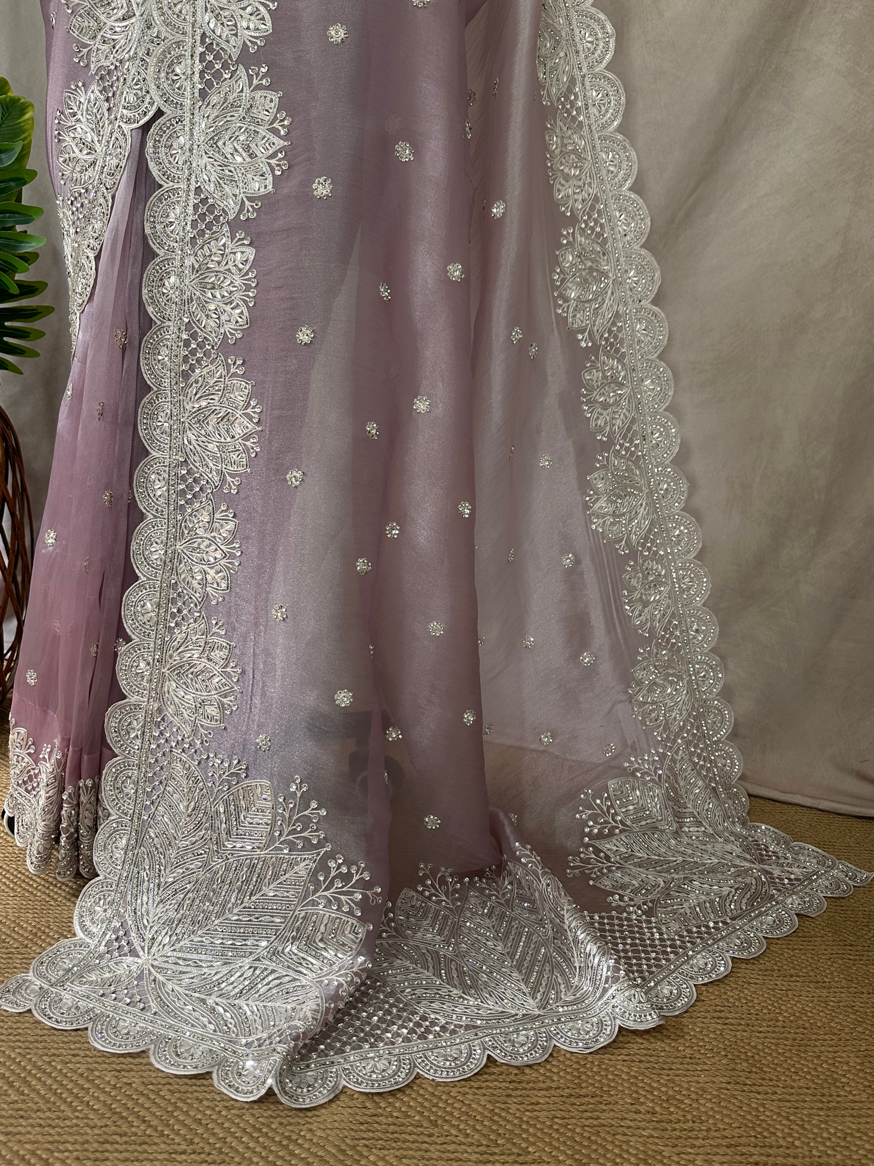 Lilac designer saree with stitched blouse and under skirt
