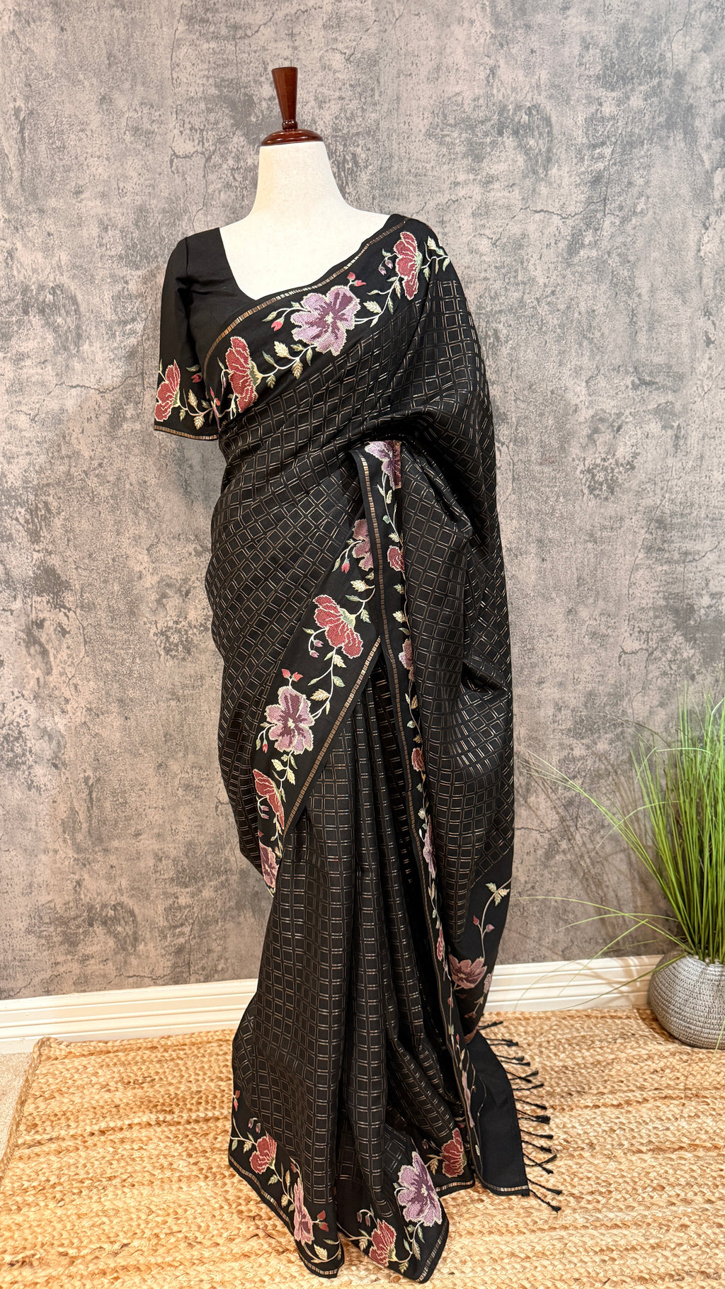 Semi tussar saree with embroidery and stitched blouse