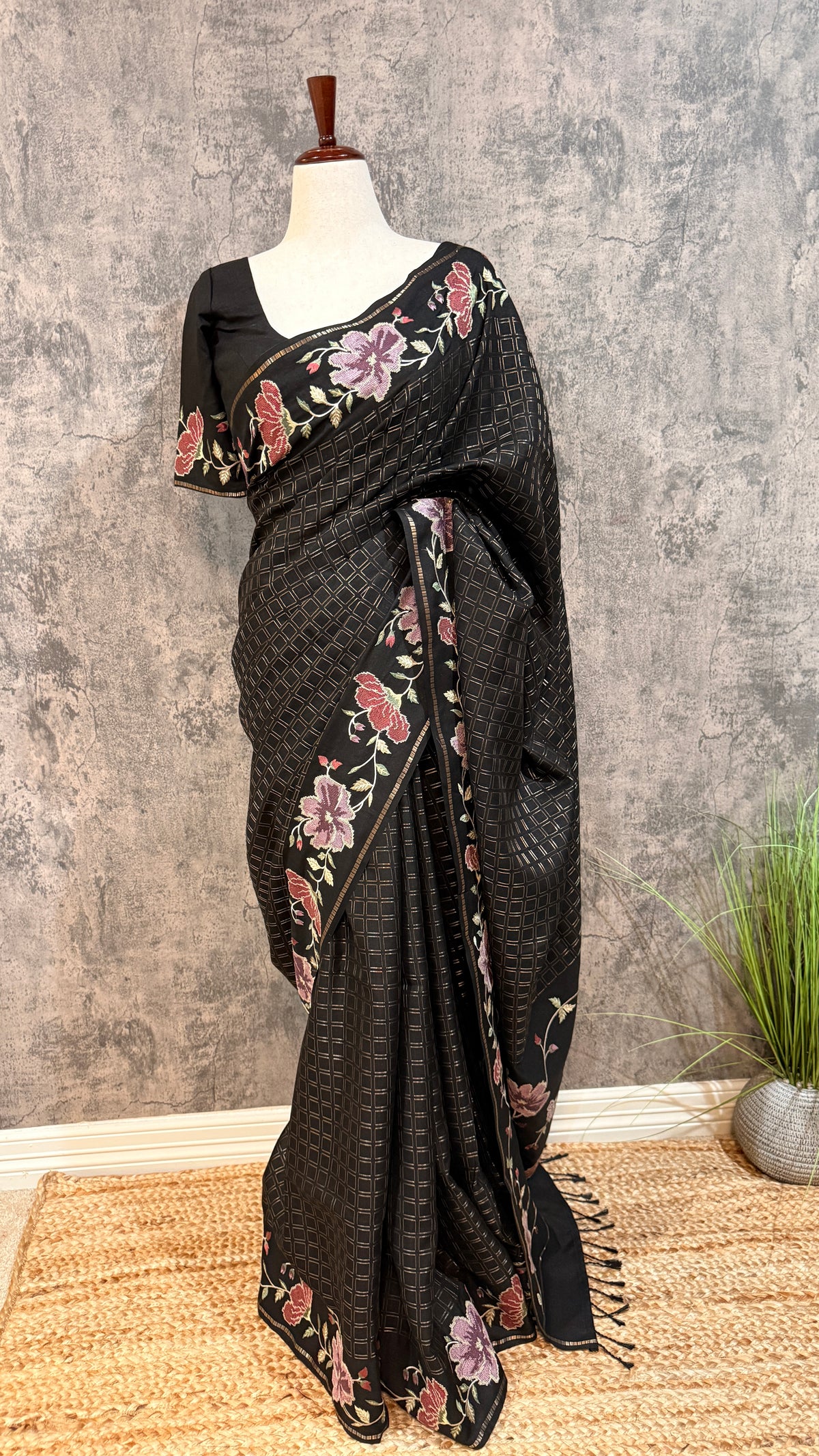 Semi tussar saree with embroidery and stitched blouse