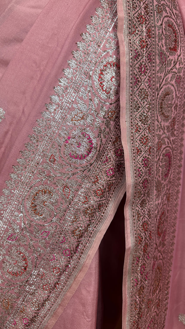 Onion pink Katan silk saree, with stitched blouse