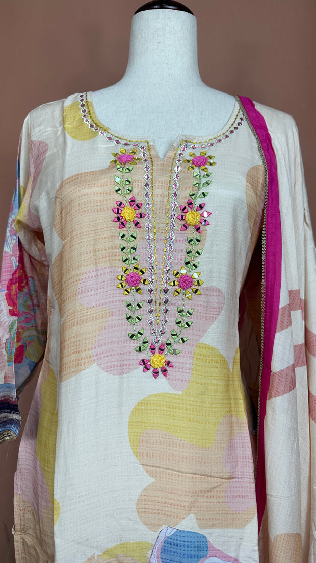 Off white cotton silk kurti set with floral print
