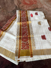 Set Saree with brick red color thread and gold waeved designs