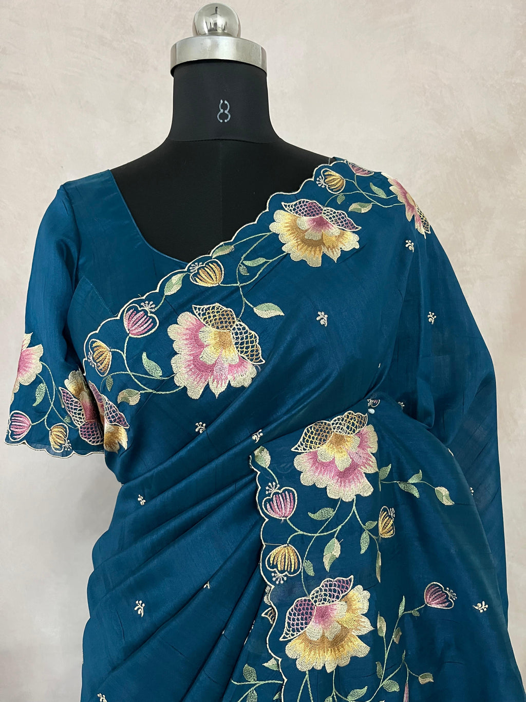 Cobalt blue semi tussar silks aree with emroidery , with stitched blouse