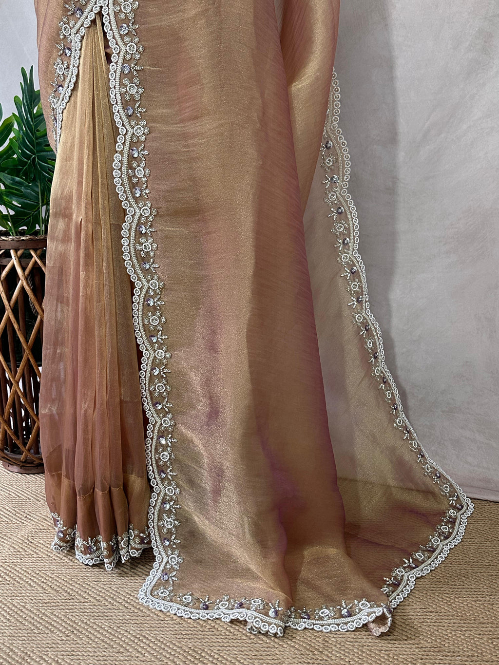 Tissue designer saree with stitched blouse and under skirt
