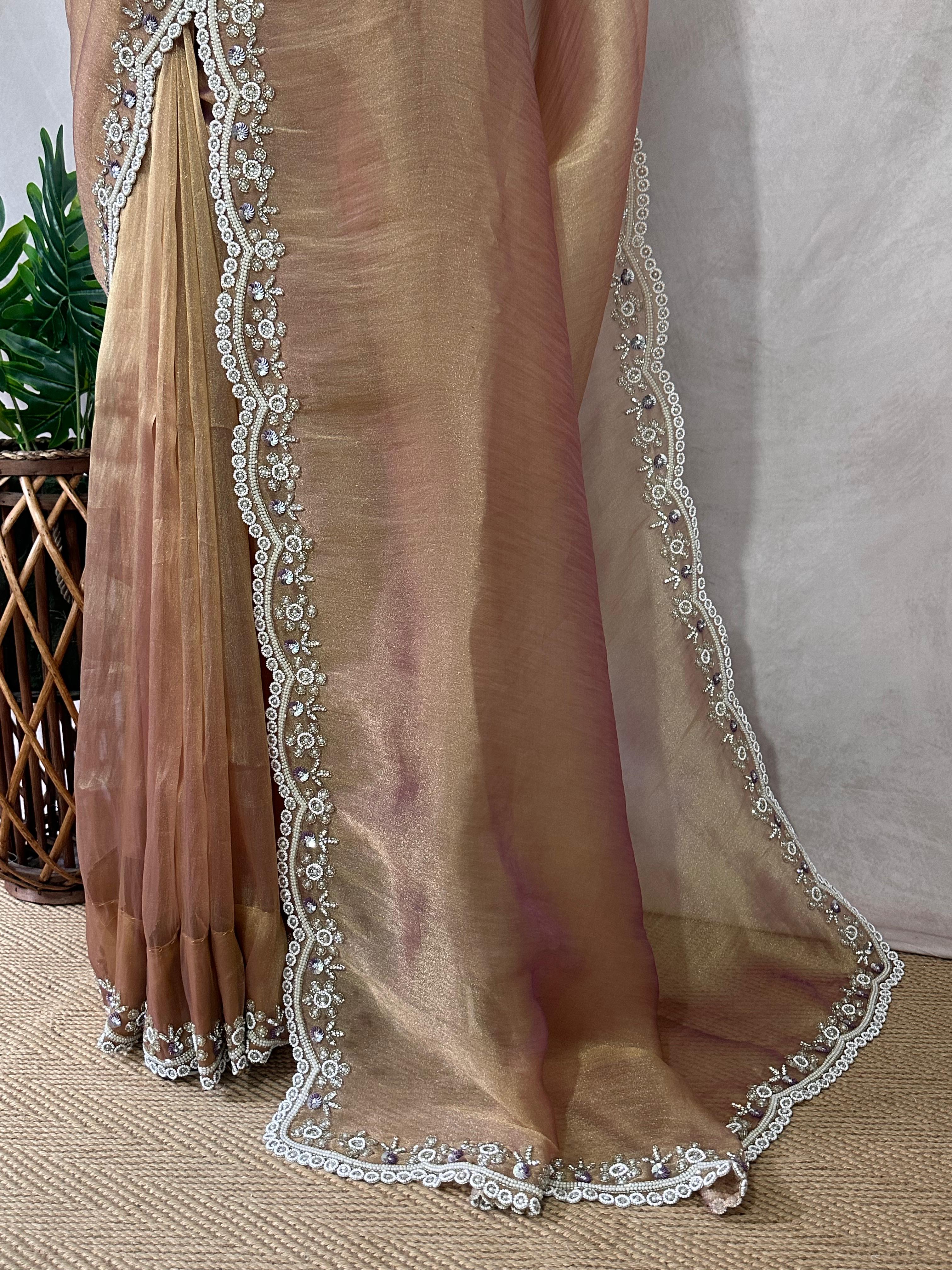 tissue designer saree with stitched blouse and under skirt