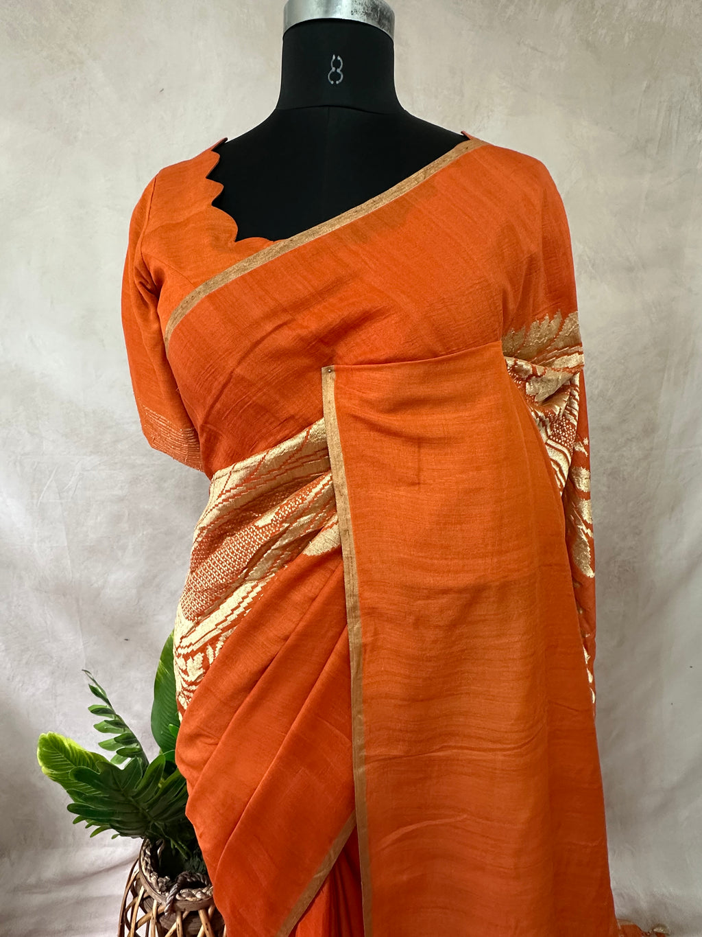 Orange pure munga silk designer weave (single Motif) saree with stitched blouse