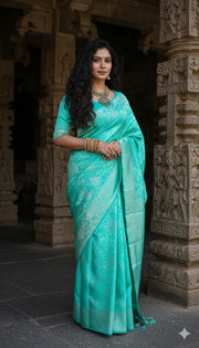 Turquiose Brocade Saree With Stitched Blouse