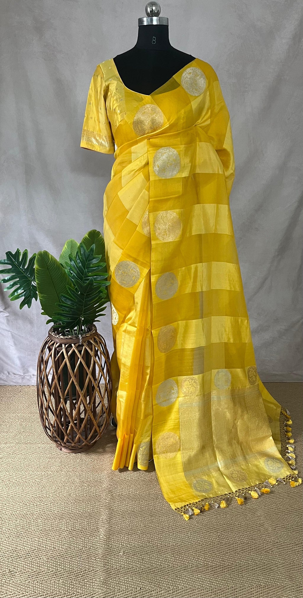 Yellow pure organza silk designer saree with stitched blouse