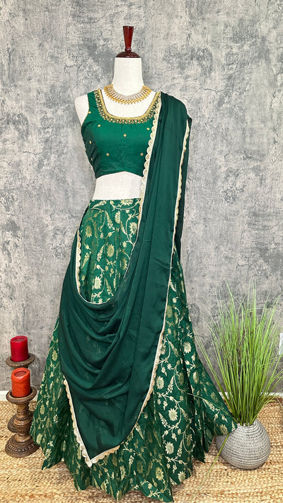 Green Banarsi Skirt with Blouse and Dupatta