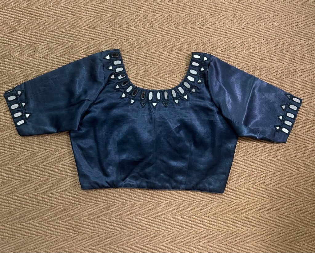 Greish blue modal silk blouse with mirror work