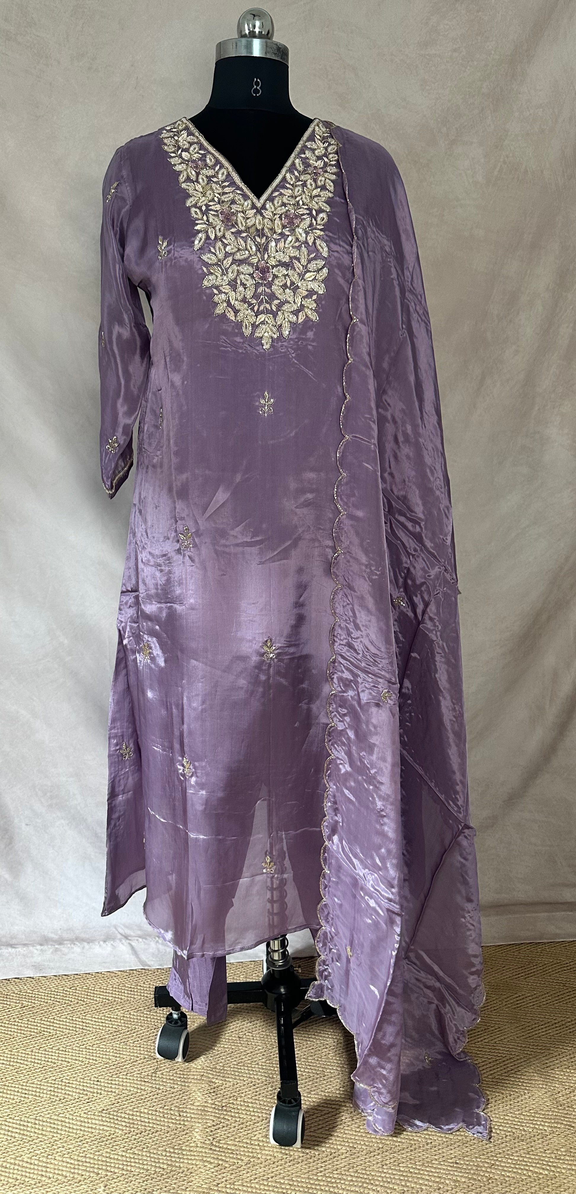 Lilac tissue silk kurti with bottom and dupatta