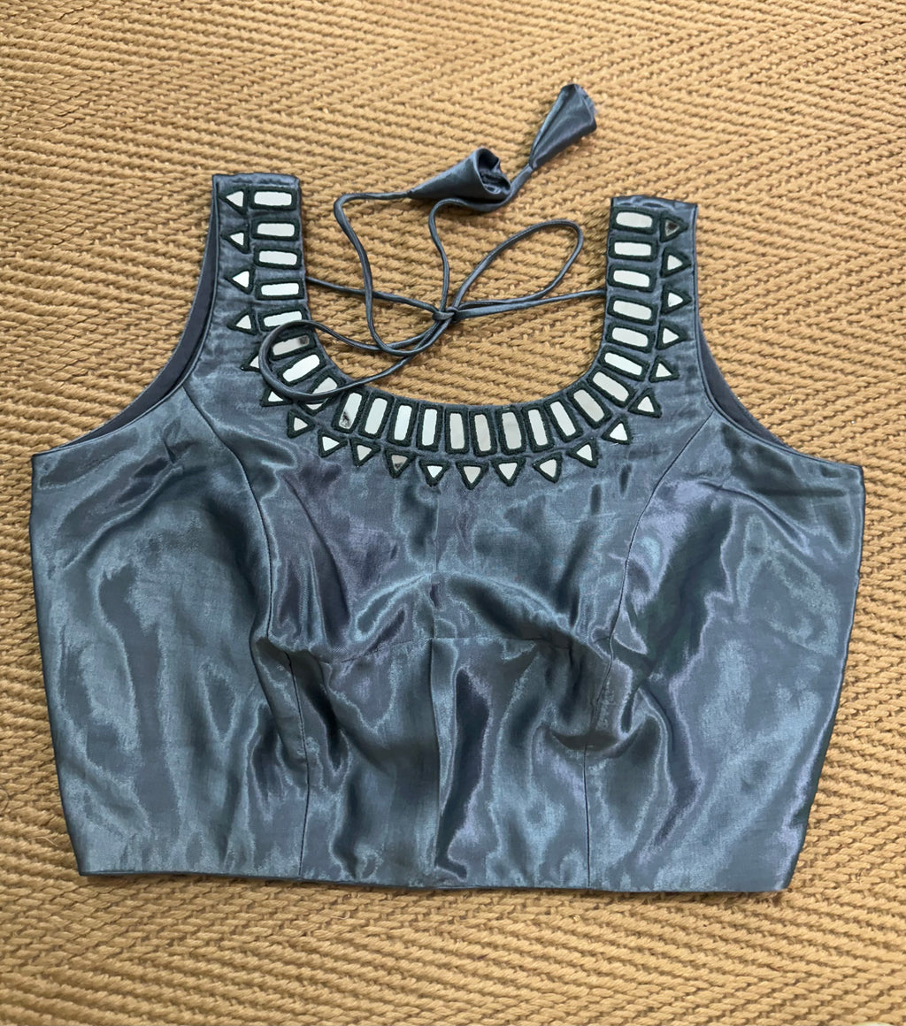 Grey modal silk blouse with mirror work