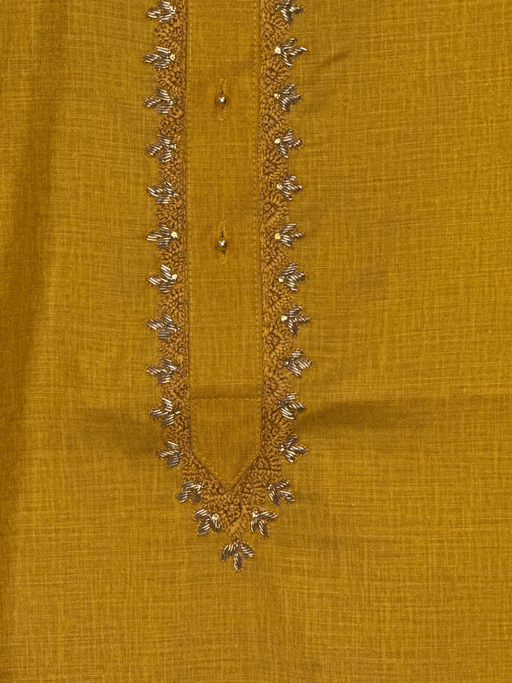 Mustard yellow soft kurta with hand emroidery on the neck
