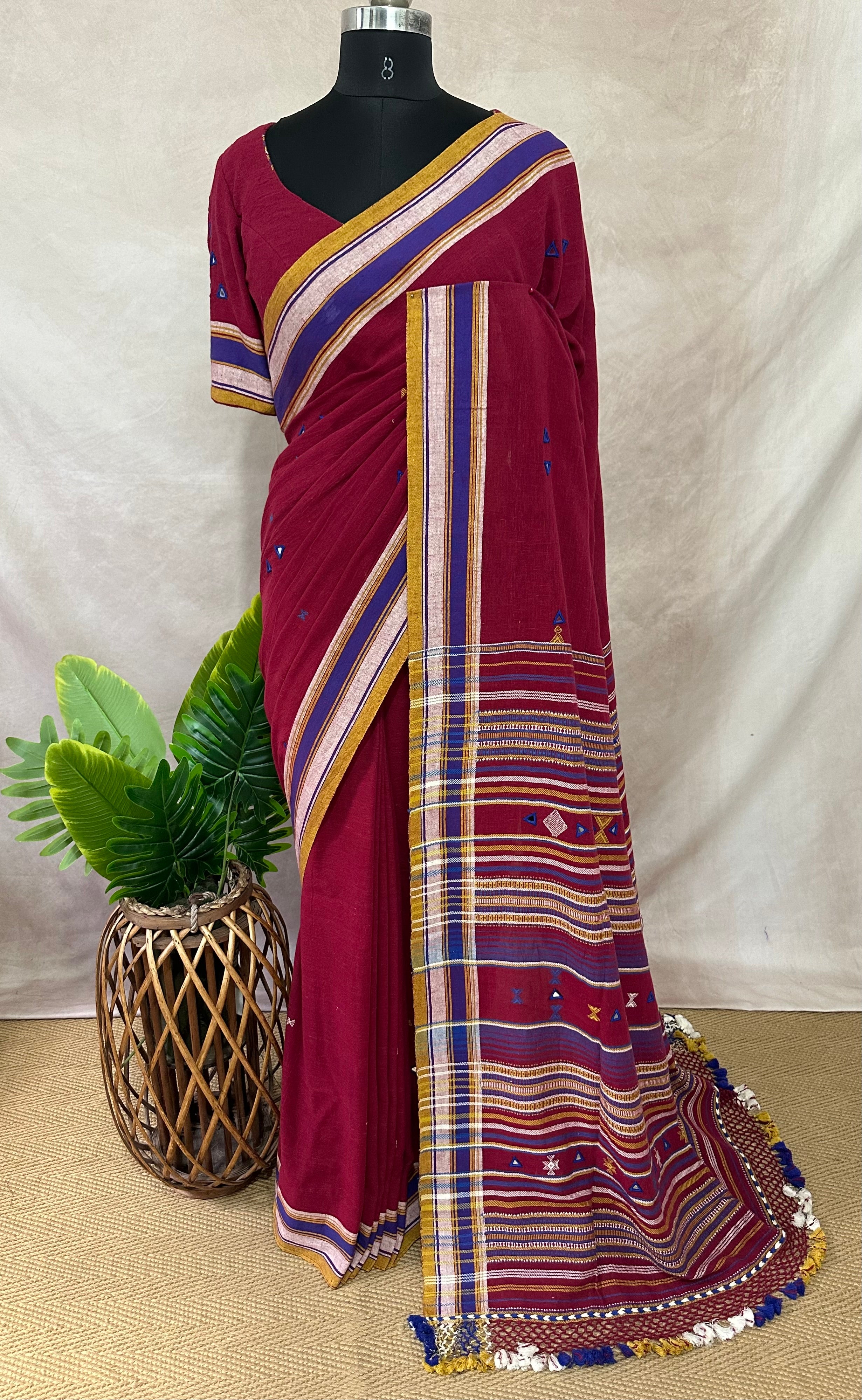 Organic Kala cotton handloom saree with mirror work , stitched blouse