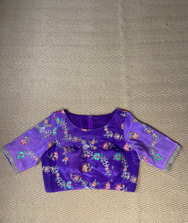 Purple blouse with multi color print and highlighted with threadwork